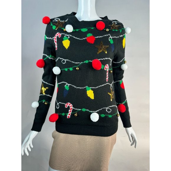 No Boundaries Christmas Garland and Light Sweater Small Black Acrylic - Picture 1 of 16